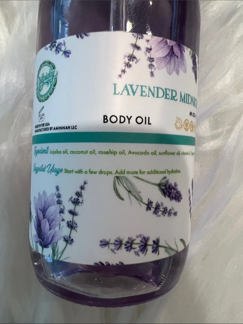 Aminnah X Dillypicky lavender midnight body oil retails $48.00 USD